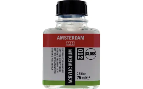 Buteleczka z błyszczącym medium akrylowym Amsterdam. Idealne, by dowiedzieć się, czym rozcieńczyć farbę akrylową, nadając jej połysk.