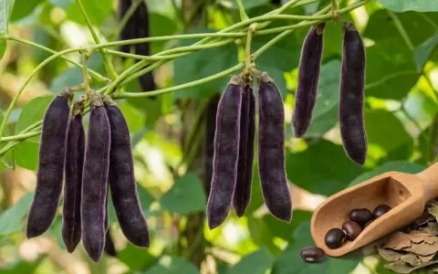 Samtige Samenkapseln der Mucuna pruriens hängen an einer Ranke. Die Samen in der Holzschaufel deuten auf die vielfältige Mucuna pruriens Wirkung hin.