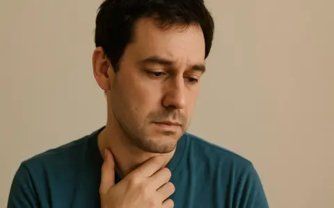 Uomo pensieroso, con mano sul collo, sembra voler evitare lo sguardo, significato di introspezione o disagio.
