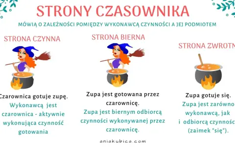 Ilustracja wyjaśnia różnice między czasownikami przechodnimi i nieprzechodnimi. Czarownica gotuje zupę (czynna), zupa jest gotowana przez czarownicę (bierna), zupa gotuje się (zwrotna).