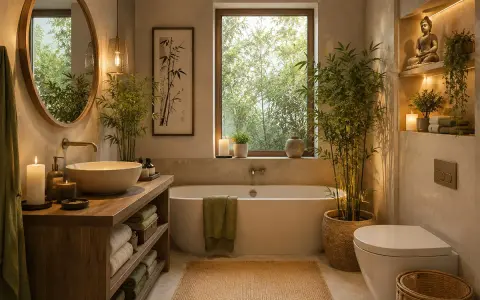 Un rilassante bagno verde e beige con vasca, lavabo, piante di bambù e una statua di Buddha.