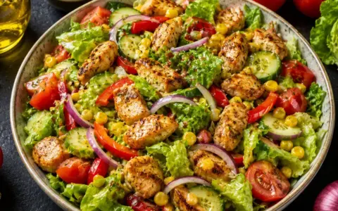 Pyszna sałatka z mix sałat, grillowanym kurczakiem, pomidorami, ogórkiem, papryką i kukurydzą. Idealna na lekki posiłek.