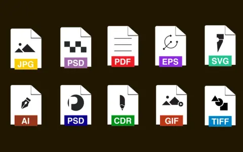 Ikony plików: JPG, PSD, PDF, EPS, SVG, AI, CDR, GIF, TIFF. Wybierz odpowiedni format do druku dla swoich projektów graficznych.