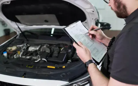 Mechanik sprawdza listę kontrolną przed przeglądem technicznym samochodu. Oplata za przeglad jest już ustalona.