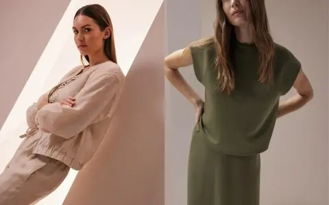 Zwei Frauen in eleganter Kleidung. Links eine Frau in einem beigen Leinenanzug, rechts eine Frau in einem grünen Kleid. Die monochrome Farbgestaltung unterstreicht die schlichte Eleganz.