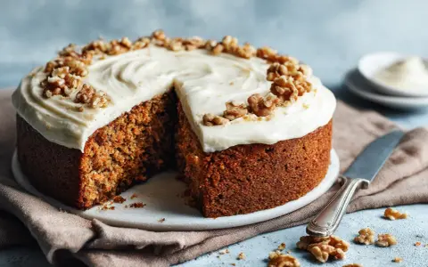En saftig morotskaka med krämig frosting och valnötter, perfekt för ett gott morotskaka recept.