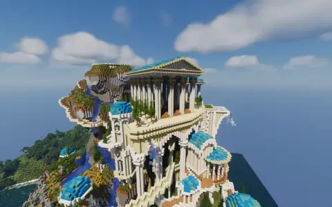 Majestatyczne budowle Minecraft na klifie, przypominające starożytną świątynię z niebieskimi kopułami i wodospadami.