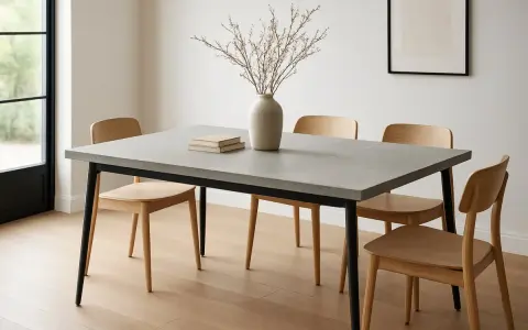Un elegante tavolo minimal design con piano in cemento e sedie in legno chiaro. Un vaso con rami secchi e due libri completano l'arredo.