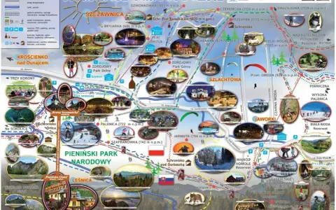 Mapa atrakcji turystycznych Szczawnicy i okolic. Znajdziesz tu szlaki piesze, rowerowe, narciarskie, punkty widokowe, schroniska i zabytki.