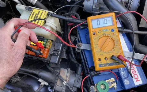 Testing for a parasitic draw with a multimeter connected to the car battery. A reading of 01.0 mV indicates a small current drain.