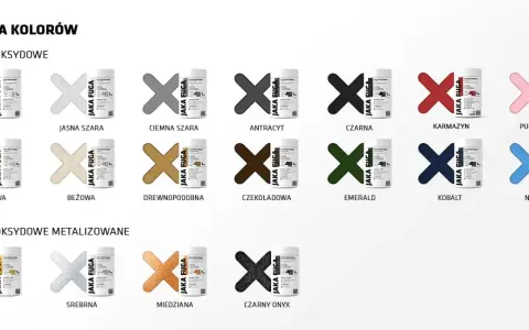 Paleta fug epoksydowych Jaka Fuga: biała, jasna szara, ciemna szara, antracyt, czarna, karmazyn, pudrowy róż, kremowa, beżowa, drewnopodobna, czekoladowa, emerald, kobalt, niebieska. Metalizowane: złota, srebrna, miedziana, czarny onyks.