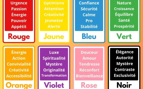 Tableau des couleurs et de leurs significations, évoquant la richesse de la couleur mois de novembre. Rouge, jaune, bleu, vert, orange, violet, rose, noir.
