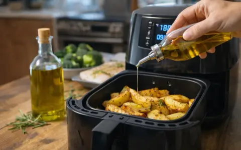 A mano vierte aceite de oliva virgen extra para cocinar sobre patatas en una freidora de aire.