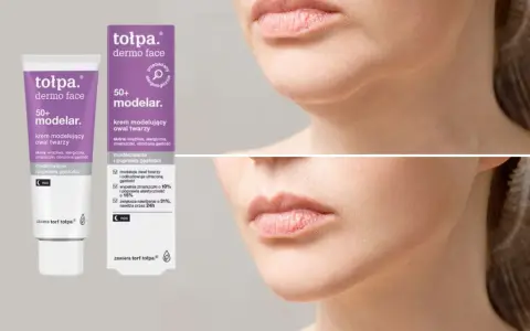Krem Tołpa 50+ modelar. pomaga jak poprawić owal twarzy po 50. Widoczna poprawa linii żuchwy i napięcia skóry.