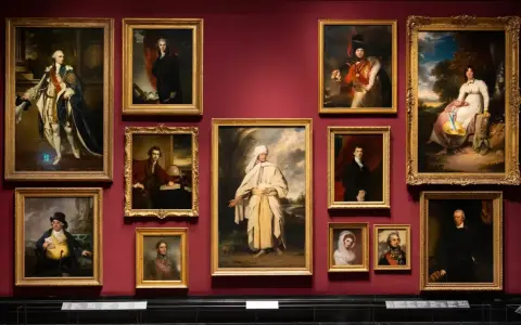 A gallery wall displays several portraits, including a striking portrait of Omai in traditional attire, surrounded by other historical figures.