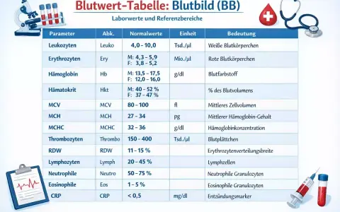 Blutbild-Tabelle: Erythrozyten wert (rote Blutkörperchen) mit Normalwerten und Bedeutung. Laborwerte für ein Blutbild.