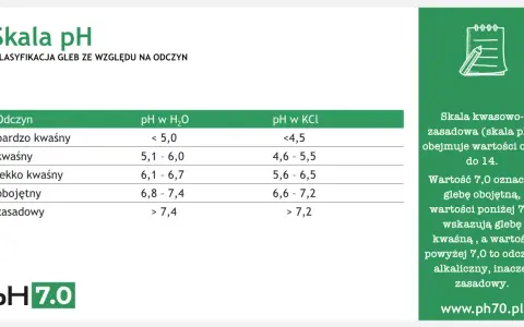 Tabela klasyfikuje odczyny gleby: bardzo kwaśny, kwaśny, lekko kwaśny, obojętny i zasadowy, podając zakresy pH w H₂O i KCl.