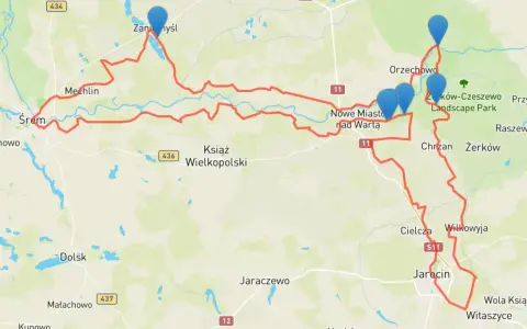Trasa rowerowa Poznań-Jarocin, wiodąca przez Śrem, Mechlin, Nowe Miasto nad Wartą, Orzechowo i Jarocin.