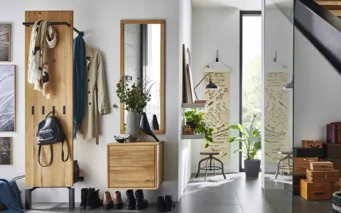 Une entrée dans un salon moderne avec un portant en bois, des manteaux, un sac à dos, des tableaux et une étagère avec des plantes.