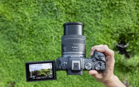 Main d'une personne tenant un appareil photo Canon R8 avec un objectif 24-50mm, prêt pour un test. L'écran affiche un paysage verdoyant.