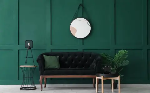 Un elegante divano nero con cuscino verde, un tavolino con lampada e una pianta, e uno specchio dietro il divano su una parete verde scuro.