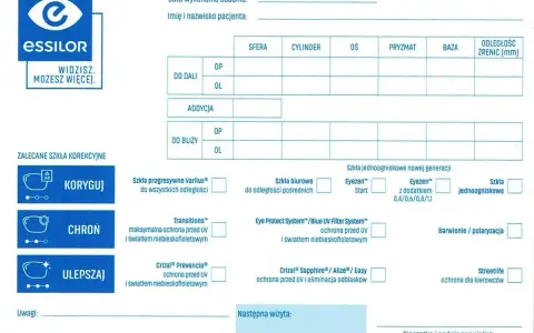 Formularz optometryczny z danymi pacjenta i tabelą do wpisania parametrów soczewek. Zawiera też sekcję "Zalecane szkła korekcyjne", gdzie można zaznaczyć np. "sph co to" zaawansowane technologie ochrony.