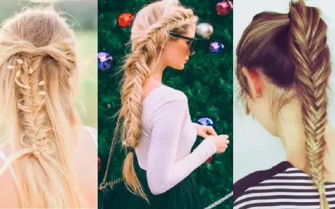 Tres peinados con trenza de espiga: uno recogido con adornos, otro lateral largo y uno recogido en coleta alta.