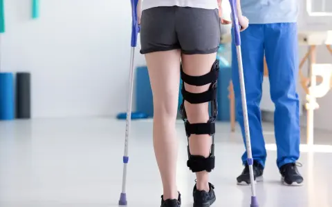 Rehabilitacja stopy po złamaniu: pacjentka z ortezą i kulami ćwiczy pod okiem fizjoterapeuty.