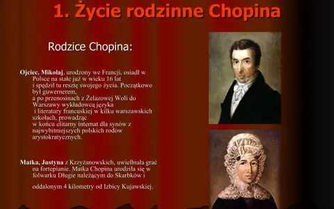 Portrety rodziców Chopina: ojca Mikołaja, francuskiego guwernera, i matki Justyny, pianistki. W tle tekst o ich życiu, wspominający lato w Nohant.