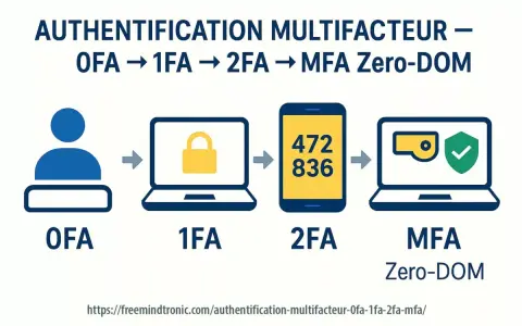 Illustration de l'évolution de l'authentification : OFA, 1FA (verrou), 2FA (téléphone avec code), MFA Zero-DOM (ordinateur avec badge de sécurité). La mfa sécurité renforce la protection.