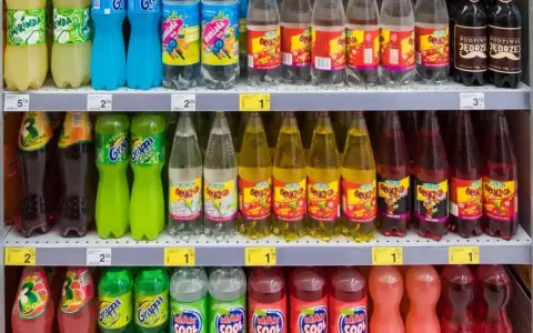 Półki sklepowe z różnymi napojami gazowanymi w plastikowych butelkach.