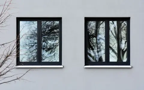 Dwa czarne okna aluminiowe odbijają gałęzie drzew. Eleganckie okna aluminiowe w różnych kolorach dodają charakteru budynkowi.