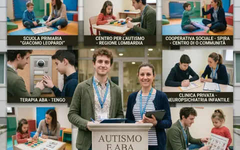 Scena di terapia ABA e autismo, con bambini e terapisti impegnati in attività educative. Il chiasmo significato è evidente nella struttura delle immagini, che riflettono un approccio olistico.