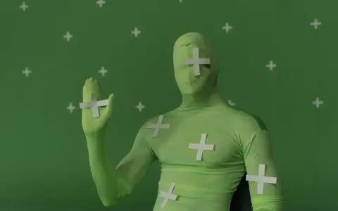 Persona in tuta verde con croci bianche, pronta per effetti speciali. Ecco come si usa il green screen per trasformare la realtà.