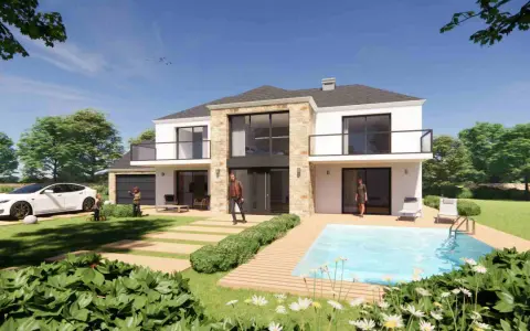 Une maison individuelle moderne avec piscine, conçue par un architecte, avec une voiture électrique et des enfants jouant.