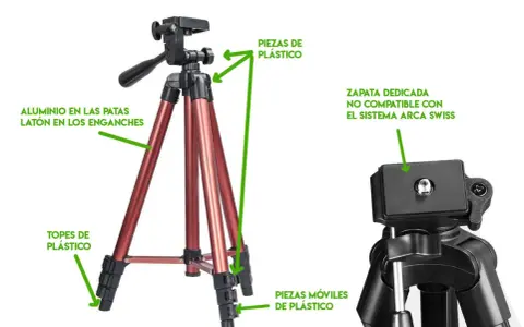 Detalle de las partes de un trípode: aluminio en patas, latón en enganches, topes y piezas móviles de plástico. Zapata dedicada no compatible con Arca Swiss.