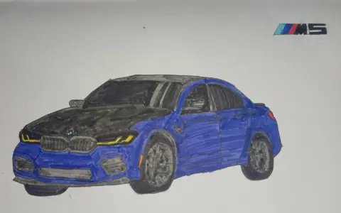 Rysunek przedstawia niebieskie auto BMW M5. Oto jak narysować auto BMW M5 krok po kroku.