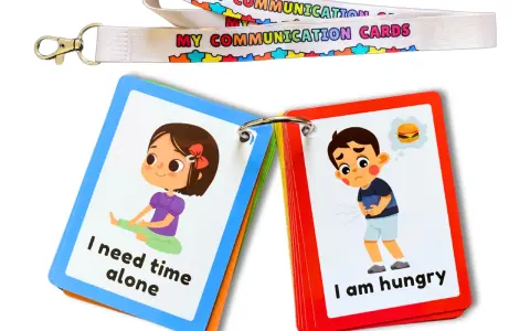 Carte per comunicare bisogni, utili per un bambino autistico non verbale. Mostrano "I need time alone" e "I am hungry".