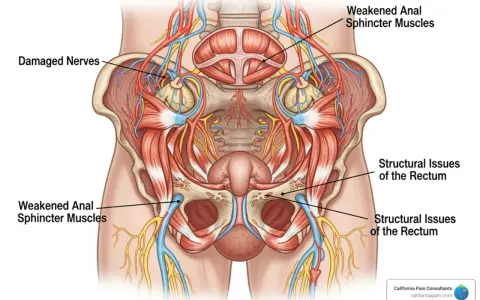 Anatomia miednicy z zaznaczonymi osłabionymi zwieraczami odbytu i uszkodzonymi nerwami. Rozważ leki na wzmocnienie zwieraczy odbytu.