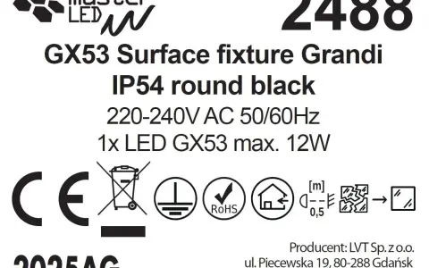 Oprawa GX53 Grandi, IP54, okrągła, czarna. Zasilanie 220-240V AC, 1x LED GX53 max. 12W. Certyfikaty CE, RoHS.