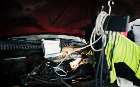 Mechanik diagnozuje problem DTC P0606 Renault za pomocą laptopa pod maską.