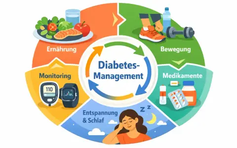 Kreislauf für Diabetes-Management: Ernährung, Bewegung, Medikamente, Entspannung & Schlaf, Monitoring.