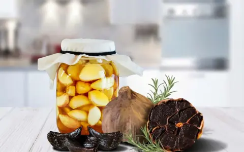 Ein Glas mit fermentiertem Knoblauch in Honig, daneben schwarzer Knoblauch und Rosmarin.