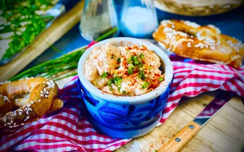 Herzhaftes Obazda-Rezept in einem blauen Steingut-Töpfchen, garniert mit Schnittlauch und Paprikapulver, daneben Brezeln und ein Messer.
