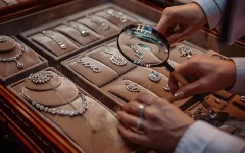 Main d'un expert examinant des colliers et pendentifs en diamants avec une loupe, témoignant d'une expertise bijoux.