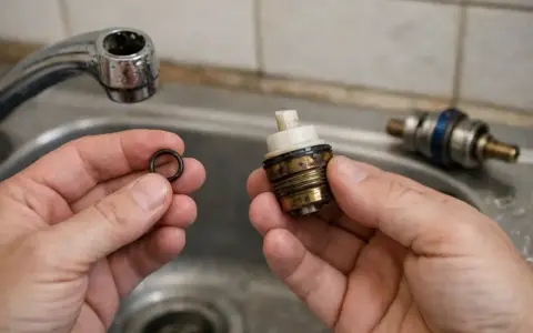 Mains pour remplacer joint robinet ancien. Une bague d'étanchéité noire est tenue dans une main, à côté d'une cartouche de robinet démontée.