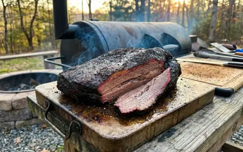 Perfekter Brisket Smoker-Duft liegt in der Luft. Ein saftiges, geräuchertes Brisket ruht auf einem Holzbrett, bereit zum Servieren.