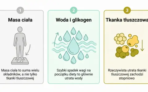 Trzy etapy utraty wagi: masa ciała, woda i glikogen, tkanka tłuszczowa. Pokazuje, ile można schudnąć w miesiąc, uwzględniając utratę wody i tkanki tłuszczowej.