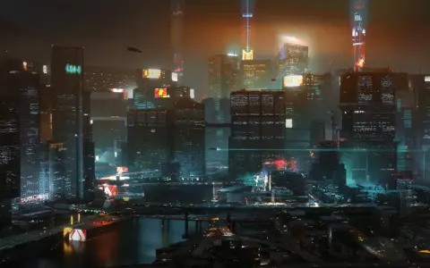 Noche futurista en Night City, con rascacielos iluminados y vehículos voladores. ¿Cuánto dura Cyberpunk 2077? La aventura te espera.