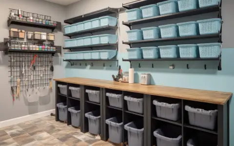 Des étagères bleues et grises organisent l'espace, parfait pour savoir comment stocker des vêtements dans un garage. Des paniers et bacs pour un rangement optimal.